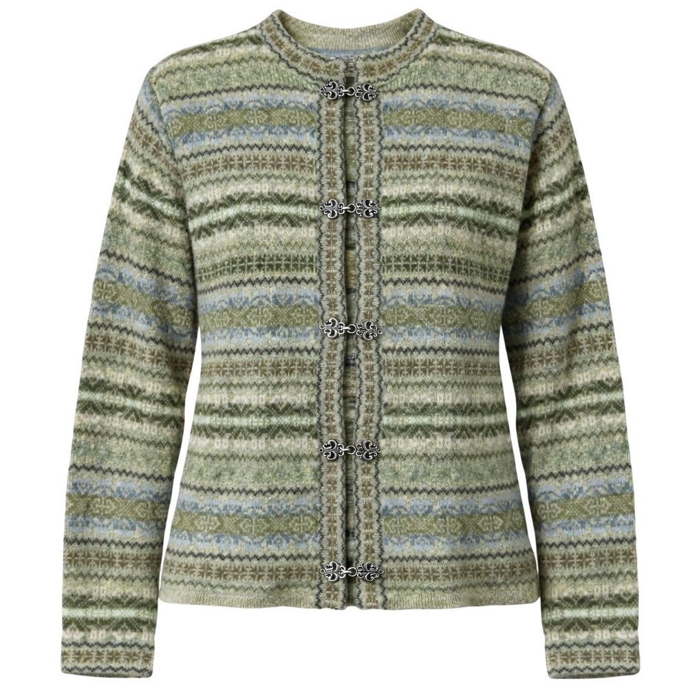 Nordic Fair Isle Wool Cardigan Alpine Chalet Folk Knit Cozy Earth Tone Sweater L